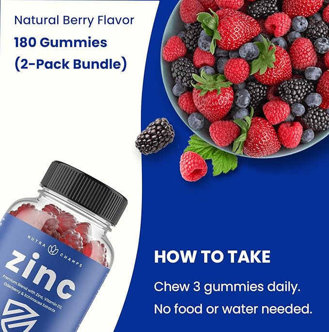 NutraChamps 4-in-1 Zinc Gummies 50mg Chewable Zinc Supplement Gummies with Vitamin D3 2000 IU Elderberry &amp Echinacea Immune Heart &amp Brain Support 180 Count (Pack of 2)