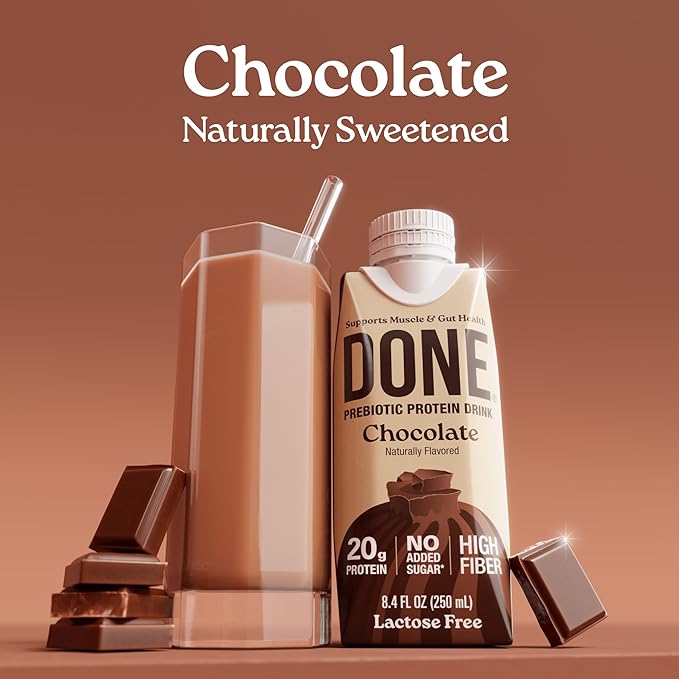 Done Prebiotic Protein Drink Chocolate 20G Whey Protein High Fiber Protein Shake With Prebiotics Gluten Free Lactose Free No Added Sugar Natural Flavor Non GMO 8.4 FL Oz Each 15 Pack