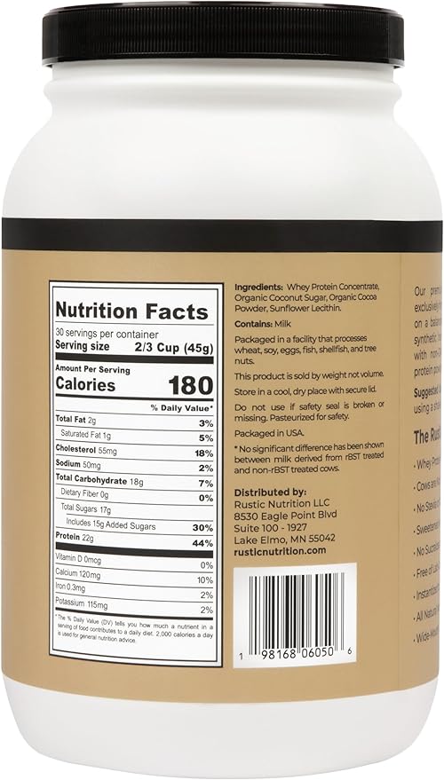 Premium Whey Protein Powder Sweetened with Coconut Sugar USA-Sourced No RBST/RBGH No Stevia or Sucralose Instantized Non-GMO Soy &amp Gluten Free (Chocolate 48 Oz)