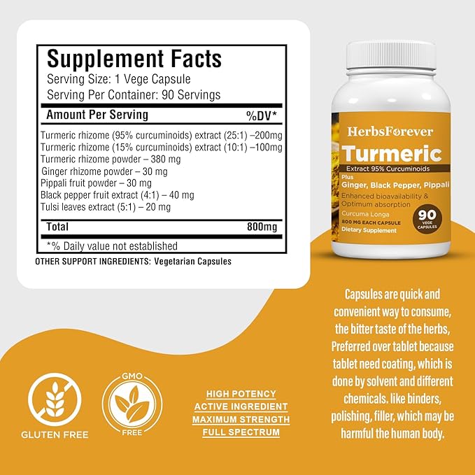 Herbsforever Turmeric Curcumin 90 Vege Capsules – 800 Mg Each