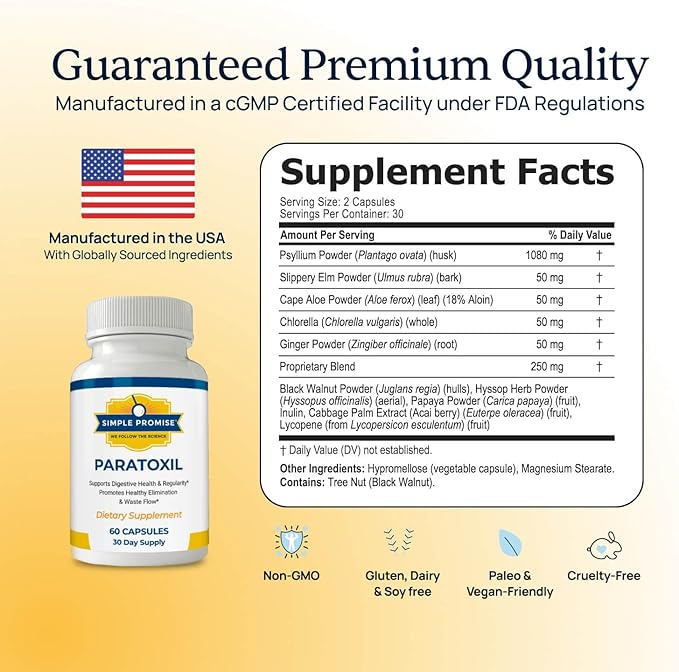 Paratoxil - Daily Gut Cleanse with Psyllium Husk Fiber &amp Black Walnut for Humans - with Slippery Elm Aloe Chlorella &amp Ginger - Natural &amp Plant-Based Cleanse - 60 Capsules