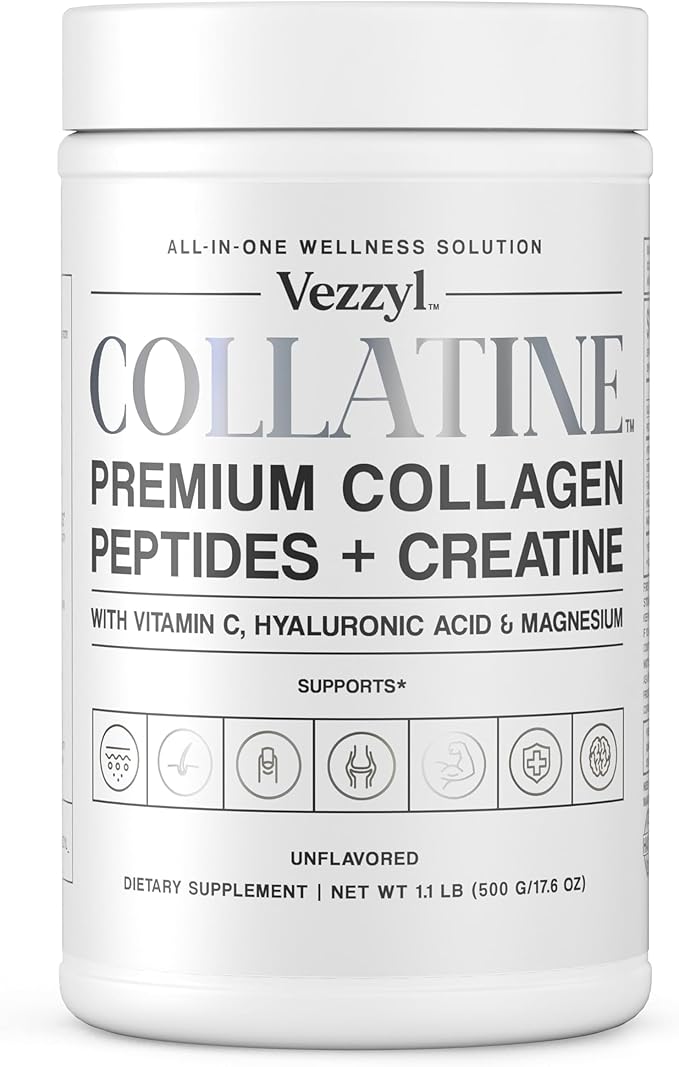 Collatine - Premium Collagen Peptides + Creatine with Vitamin C Hyaluronic Acid and Magnesium for Skin Hair Nails Bone &amp Joint Muscle Immune and Cognitive Aid (1.1 LB (500 G/17.6 OZ)