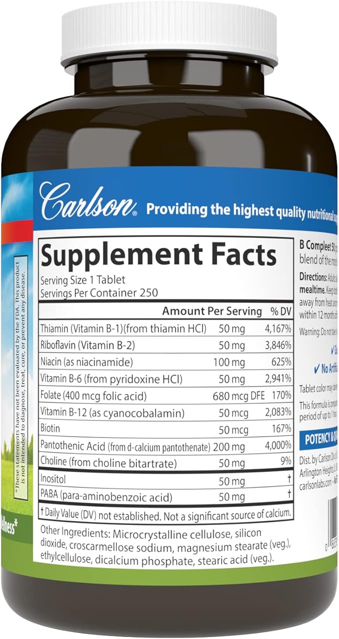 Carlson - B Compleet 50 Balanced Vitamin B Complex Energy Production Cellular Support &amp Optimal Wellness 250 Tablets