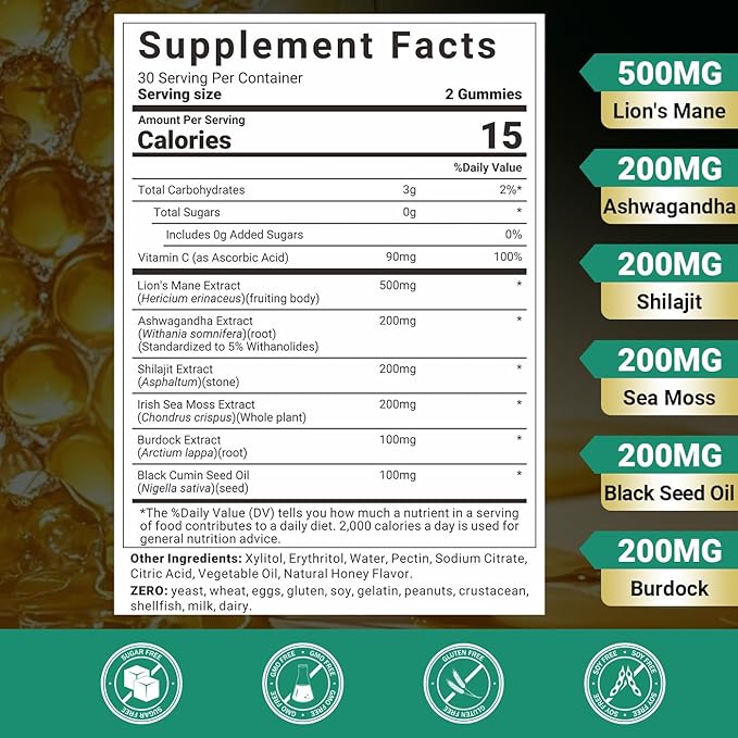 Ashwagandha Gummies - Lions Mane Gummies Ashwagandha Lion's Mane Supplement with Shilajit Sea Moss Black Seed Oil for Adults - Energy Cognitive &amp Immune Support