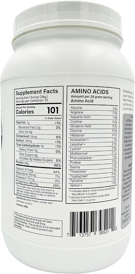 Milk Protein Isolate 2lbs (32 Servings) Unflavored Non-GMO Cold-Processed Non-Denatured Third-Party Lab Tested. Made with Halal and Kosher Certified Ingredients. (2 lbs)