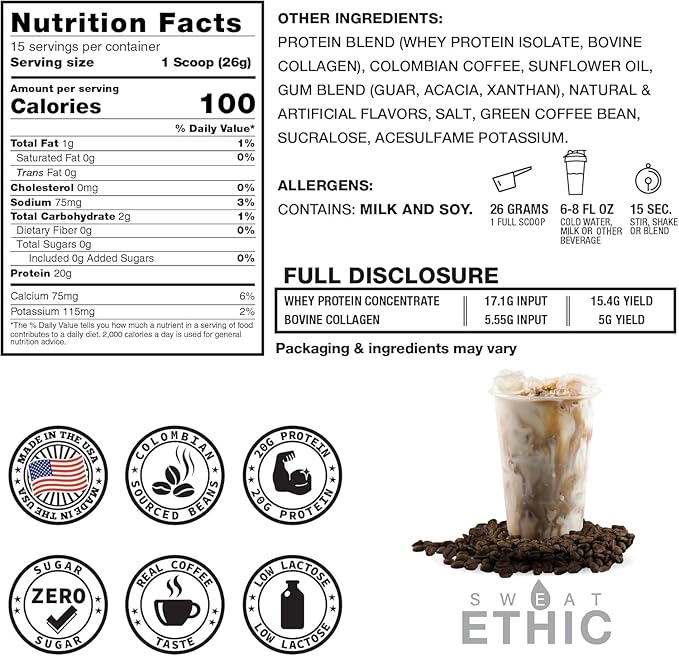 Sweat Ethic Brew’D UP Collagen Protein Coffee Whey Isolate &amp Collagen Peptides Natural Caffeine Low Lactose No Added Sugar Easy-Mix Protein Coffee Powder Mocha Flavor 15 Servings