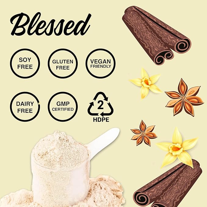 Blessed Vegan Protein Powder - Plant Based Protein Powder Meal Replacement Protein Shake 23g of Pea Protein Powder Dairy Free Gluten Free Soy Free No Sugar Added 30 Servings (Vanilla Chai)