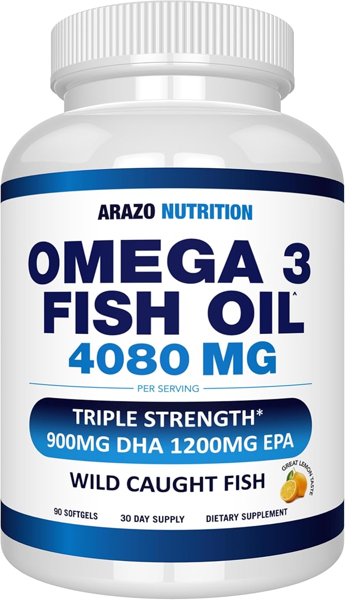 Arazo Nutrition Wild Caught Omega-3 Fish Oil Concentrate – 4080mg per Serving – High EPA 1200mg &amp DHA 900mg – 90 Burpless Lemon Softgels