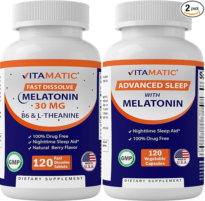 Vitamatic Melatonin 30mg Made with B6 Magnesium L-Theanine L-Tryptophan 5-HTP GABA Valerian Chamomile Passion Flower Ashwagandha &amp Black Pepper