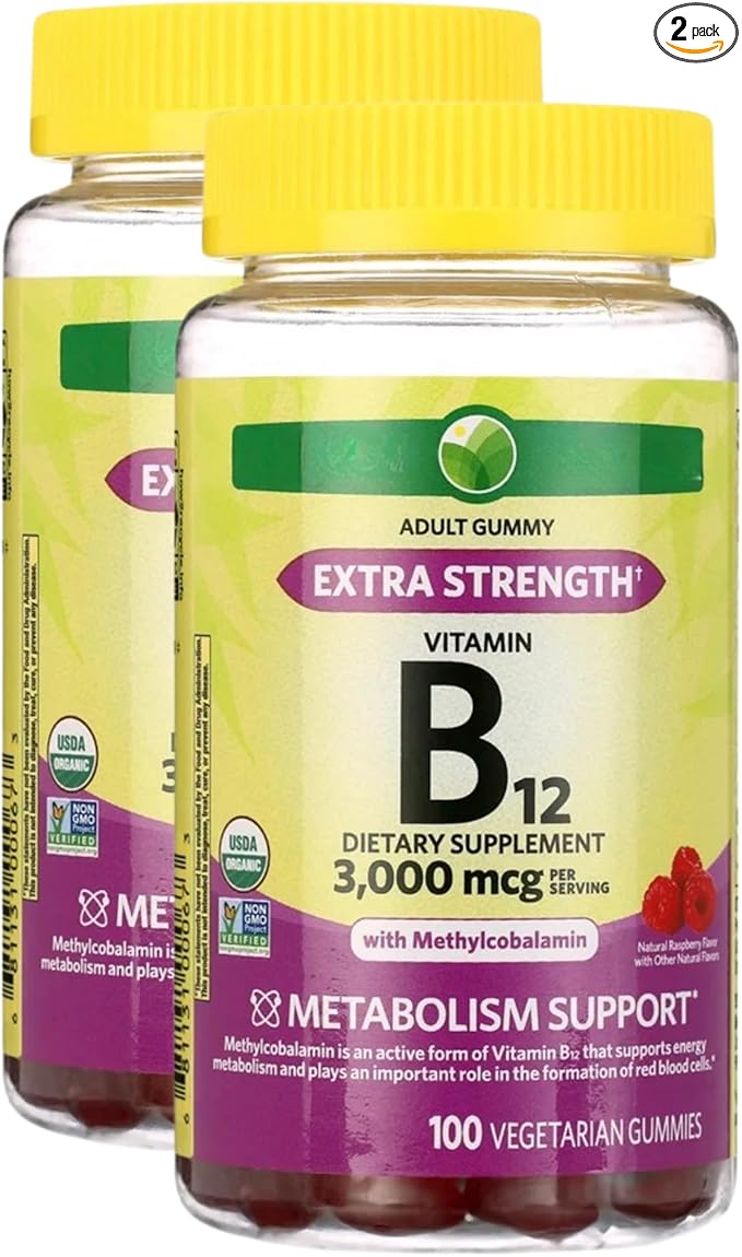 KP+ Spring Valley Vitamin B12 | B12 3000 mcg Extra Strength | Vitamin Supplement with Methylcobalamin | Metabolism Support | Raspberry Flavor | 100 Vegetarian Gummies | Pack of 2