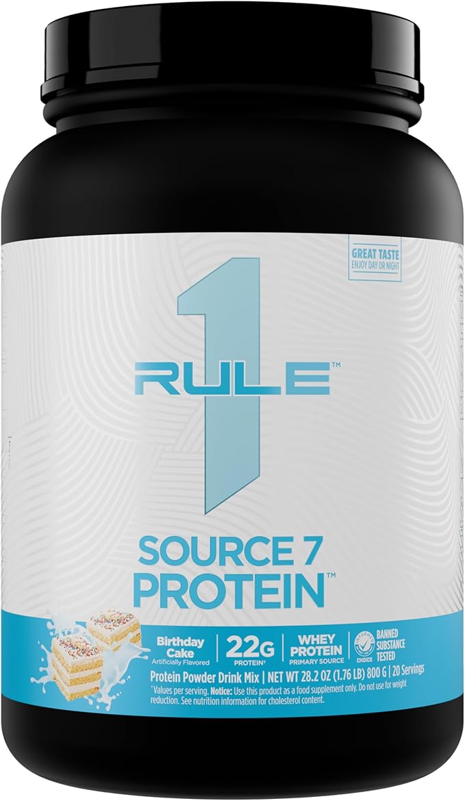 Rule 1 Source 7 Protein – Decadent Flavor Velvety Smooth Texture 22g Anytime Protein and 10g Naturally Occurring EAAs Per Serving from 7 Premium Sources (1.8 Pounds* Birthday Cake)
