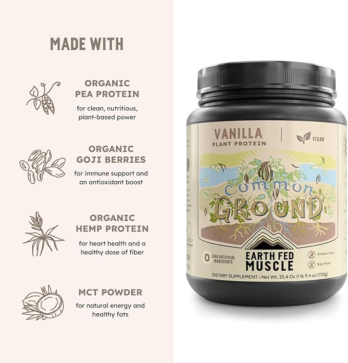 Earth Fed Muscle Common Ground Vanilla Vegan Protein Powder - Organic Plant Based Protein Powder with Pea Hemp Goji MCT Soy-Free Gluten-Free Vegan Protein for Women &amp Men - 30 Servings