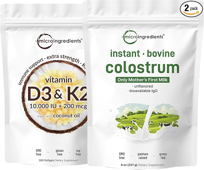 Micro Ingredients Vitamin D3 10000iu + K2 200mcg Coconut Oil Softgels &amp Instant Colostrum Powder Bundle 2 Pack | Essential Sunshine Vitamins | Grass-Fed Bovine Mother’s First Milk