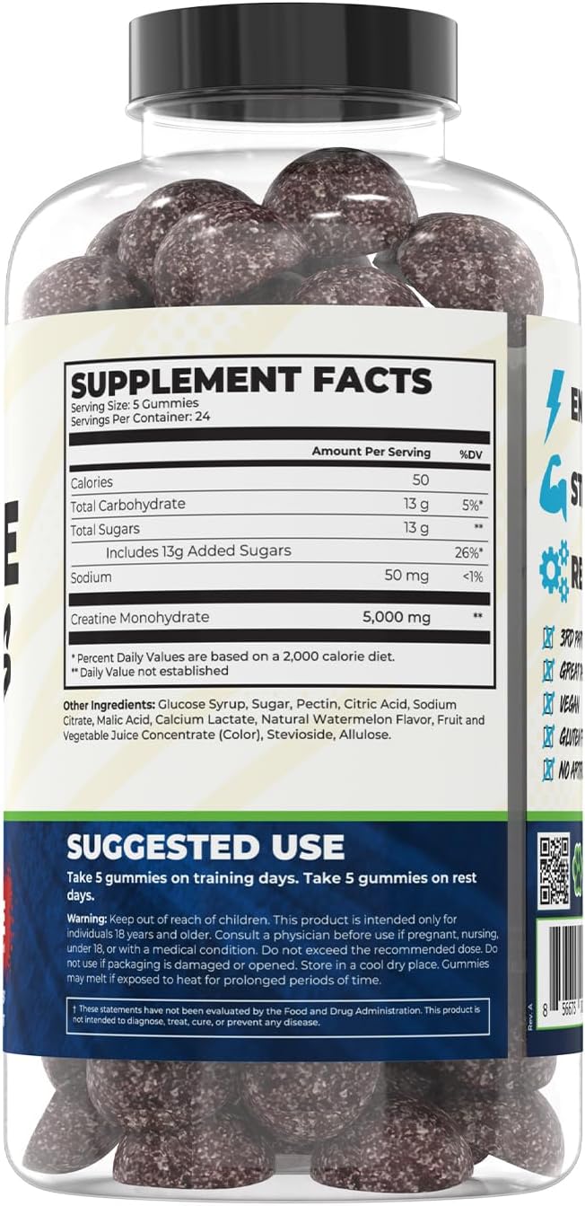 Creatine Gummies | Gummy Creatine Chewables for Men &amp Women | 5g per Serving | Gluten Free &amp Vegan | 120 Gummies 24 Servings (Melon Slice)