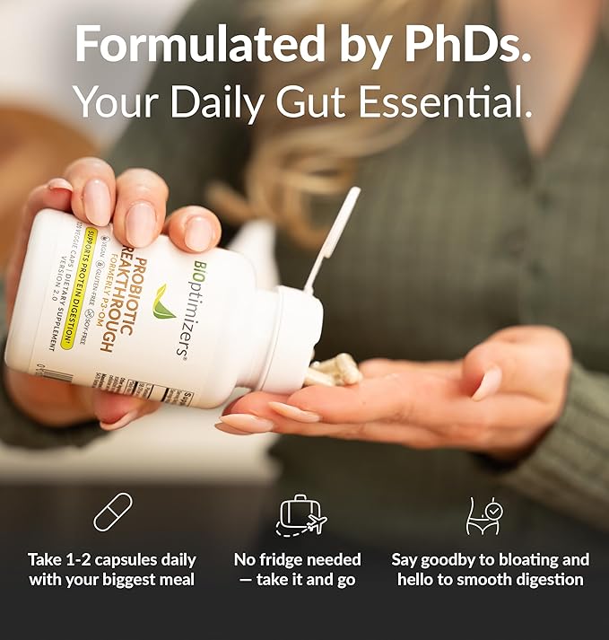 BIOptimizers Probiotic Breakthrough – Lactobacillus Plantarum OM Probiotics &amp Prebiotics Health Supplement for Gut Digestive &amp Immune Support Probiotics for Women Men Elderly– 120 Vegan Capsu