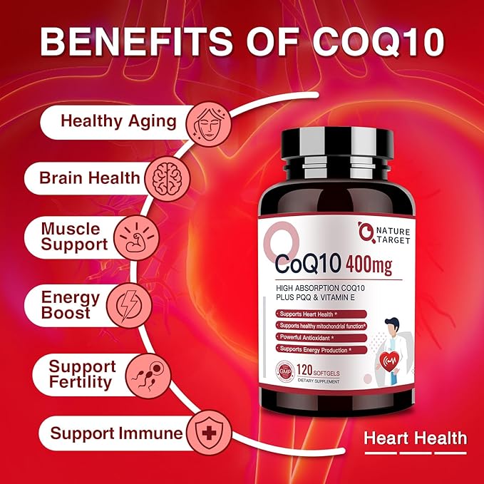 NATURE TARGET CoQ10-400mg Plus PQQ with Vitamin E &amp Organic Olive Oil - Coenzyme-Q10 with BioPerine - High Absorption Antioxidant-for-Heart-Health and Energy Production120 Servings