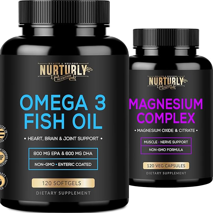 Magnesium Complex and Omega 3 Fish Oil - Magnesium Citrate 500MG – Fish Oil 2000mg 800mg EPA and 600mg DHA - Muscle Relaxation Sleep and Energy Bone Health Brain and Heart