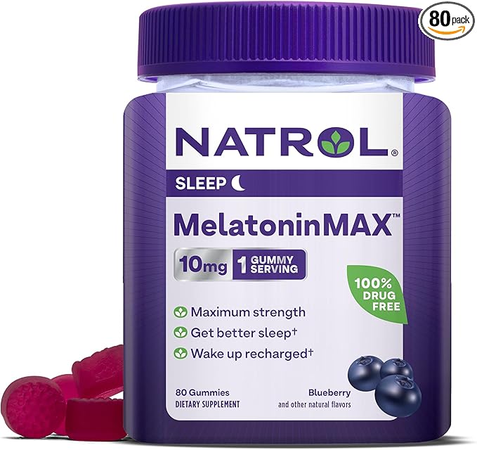 Natrol MelatoninMax Sleep Gummies for Adults Blueberry Flavor 10 mg 80 Count Up to an 80 Day Supply (Pack of 12)