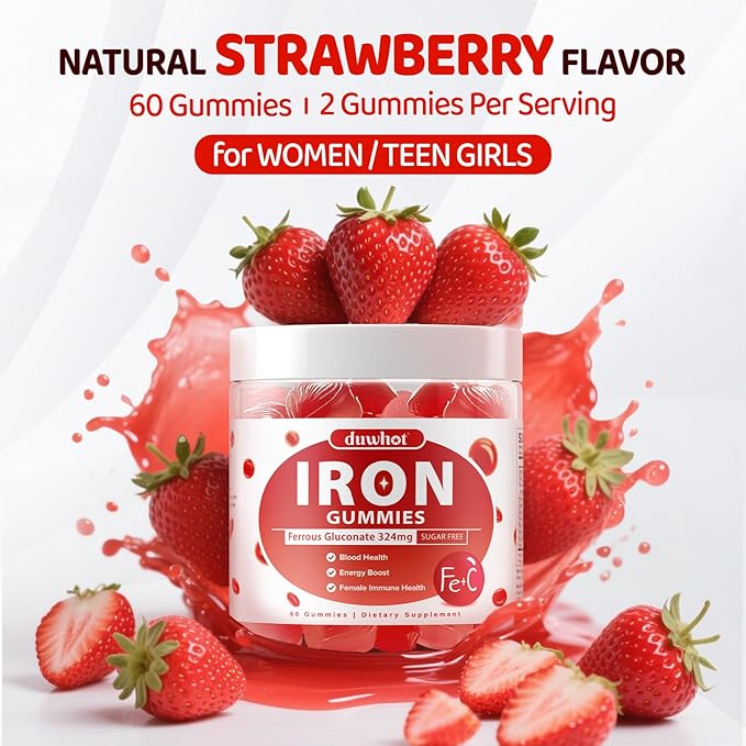 Iron Gummies for Women Teen Girls Ferrous Gluconate 324 mg with Vitamin C Iron Supplement Plus Vitamin A B Folate Copper Zinc Energy &amp Blood Support Immune Health Sugar Free 60 Gummies