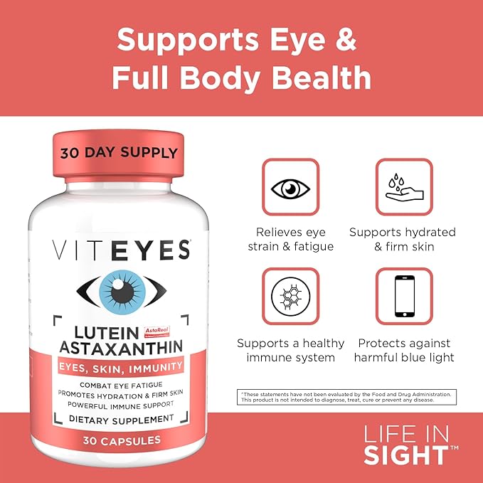 Viteyes Lutein &amp Astaxanthin – Relieve Eye Fatigue Hydrate &amp Firm Skin Blue Light Protection Immune Support 20 mg Lutein 4 mg Astaxanthin Eye Vitamins Doctor Trusted Brand 30 Capsules