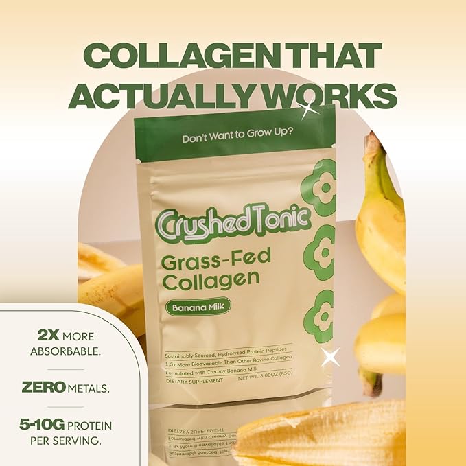 Crushed Tonic Korean Beauty Collagen Powder | Hydrolyzed Marine Collagen Peptides for Skin Glow Hair &amp Nails | K-Beauty Drink | Gluten-Free Halal &amp Kosher (Banana Milk 30 Servings (150 g)