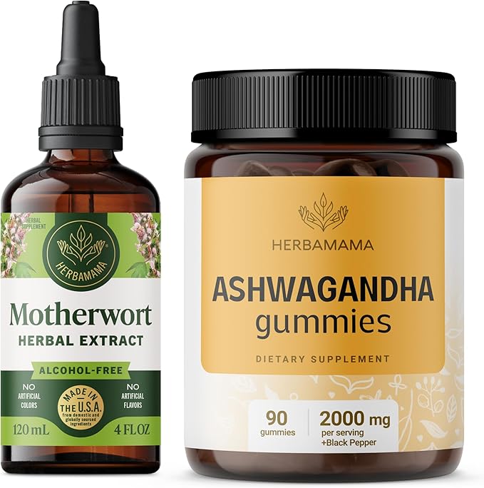 HERBAMAMA Motherwort and Ashwagandha Kit - Bundle of Liquid Motherwort Tincture 4 fl oz &amp Ashwagandha Gummies - Vegan Non-GMO Gelatin &amp Alcohol-Free - 2 Pack