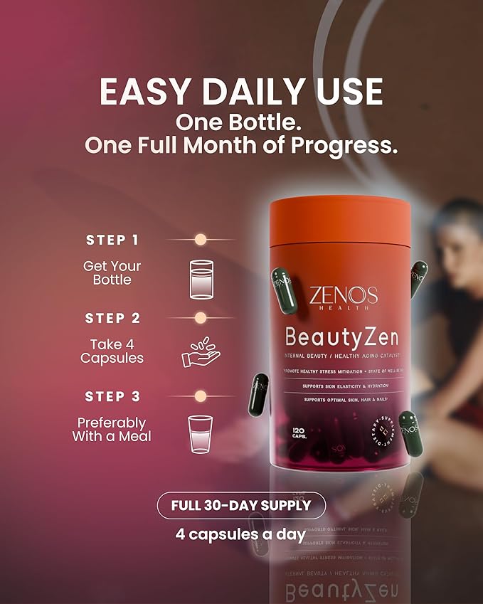 Zenos Health BeautyZen - Beauty Supplement for Hair Growth with DHT Blocker Biotin Collagen Keratin &amp Antioxidants Supplement Androgen Blocker Anti Aging Keratin Complex - Made in USA 120 Cap
