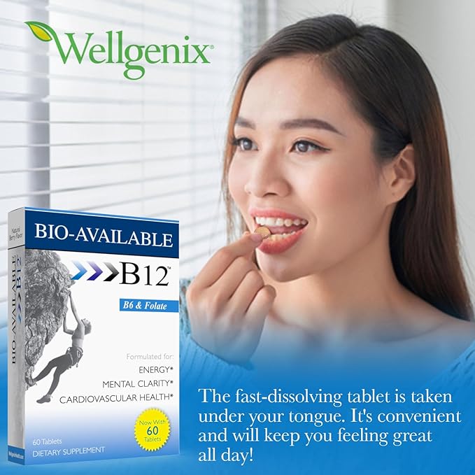 Wellgenix Bio Available Sublingual B12-60ct (2 Pack) - Daily Multivitamins Focus Support Formula w/Vitamins C B6 B12 Folate &amp Biotin -Energy &amp Diet Supplement for Immune &amp Overall Healt
