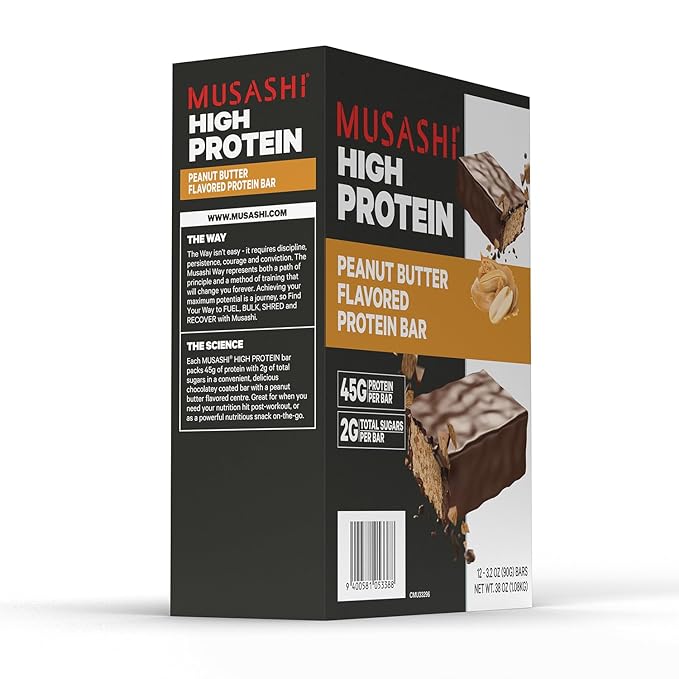 MUSASHI High Protein Bar 45g Protein 2g Total Sugars Peanut Butter &amp Milk Chocolate Coated Post Workout and Protein Snack On The Go 12 Pack of 3.2oz (90g) Bars