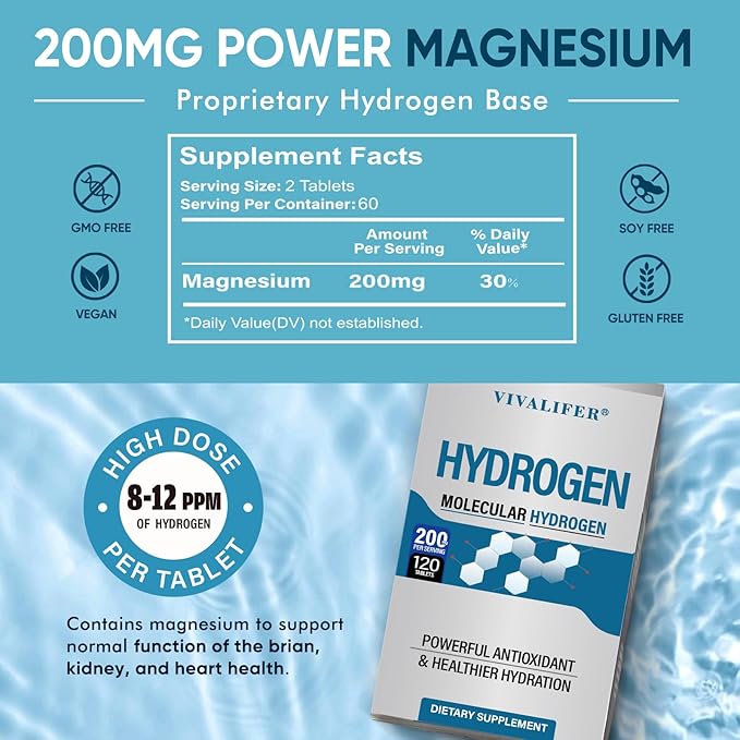 Hydrogen Tablets for Drinking Water | 8 PPM Molecular H2 Tablets with Magnesium | Supports Energy Metabolism &amp Brain Function | 120 Tablets Non-GMO Gluten Free