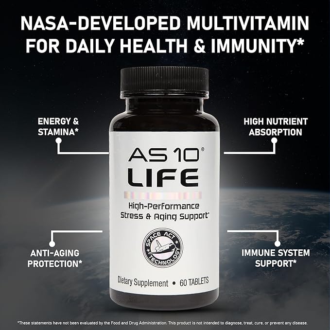 AS 10® Life – Stress Immune Support and Anti Aging Supplement - Multivitamin and Antioxidants Tablet Resveratrol Alpha Lipoic Acid Lutein and Zeaxanthin Co-Developed by NASA 60 ct