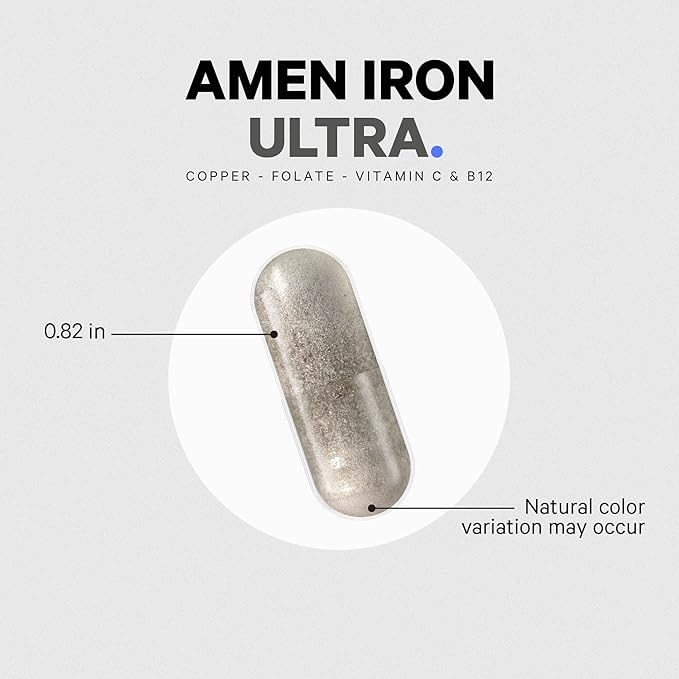 Amen Iron Ultra Supplement + Copper Folate Vitamin C and B12-2-Month Supply - Ferrous Sulfate Iron Vitamin - 65mg Per Serving - Folic Acid - Non-GMO Pills - 60 Capsules