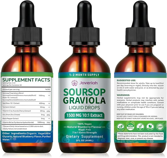 2 Pack Soursop Graviola Leaf Extract Liquid Drops Supplement with Irish Sea Moss &amp Turmeric for Cellular Support Immune System Boost Liver Health Soursop Bitters Liquid 60-Day Supply 4 FL OZ