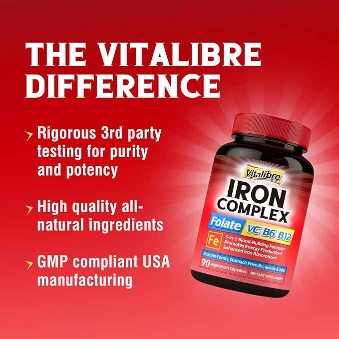 Iron Supplement for Women &amp Men with Vitamins C B6 B12 &amp Folate &amp Iron Supplement 65mg with Vitamin C Stomach Friendly Carbonyl Iron90Caps&amp90Tabs
