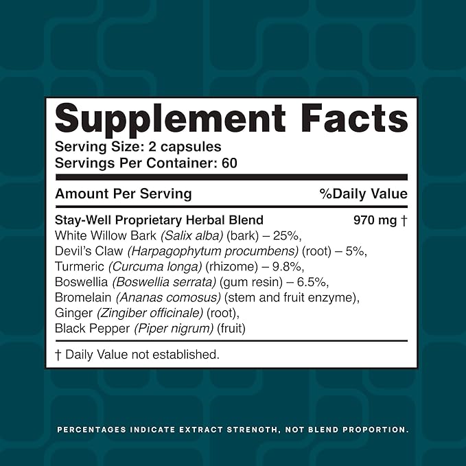 Pain Relief- White Willow Bark Extract Devil's Claw Turmeric Boswellia Bromelain and Ginger Premium Extract Blend- 120ct