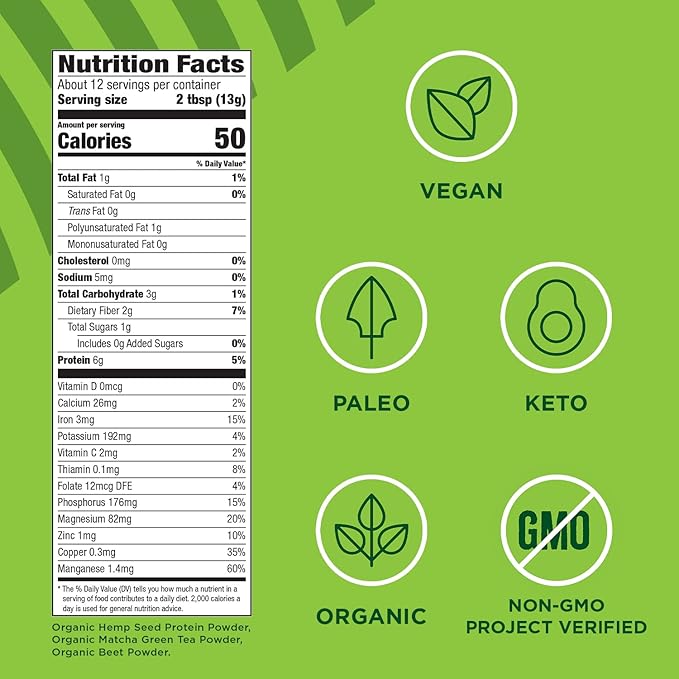 Manitoba Harvest Organic Hemp &amp Matcha Powder 5.5 oz Energy 6g of Protein 2g of Fiber per serving Matcha Protein Powder Vegan Non-GMO Project Verified 56g of Caffeine Packaging May Vary