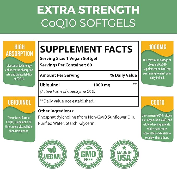 1000mg Liposomal CoQ10 Softgels | Better Absorption CoQ10 Ubiquinol Supplement | Heart Function &amp Energy Production | Active Antioxidant Form of Vegan Coenzyme Q10 | Non-GMO | 120 Softgels