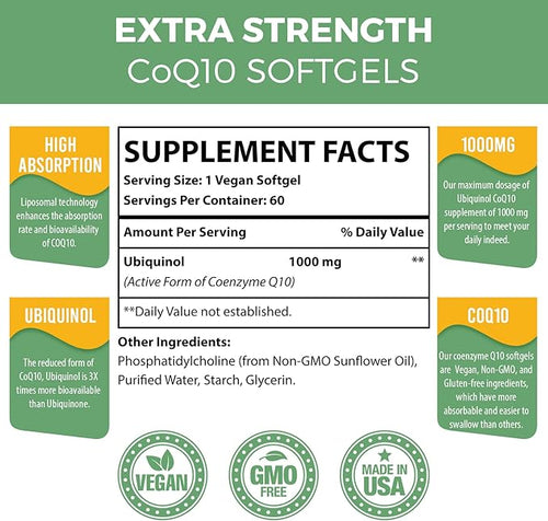 1000mg Liposomal CoQ10 Softgels | Better Absorption CoQ10 Ubiquinol Supplement | Heart Function &amp Energy Production | Active Antioxidant Form of Vegan Coenzyme Q10 | Non-GMO | 120 Softgels