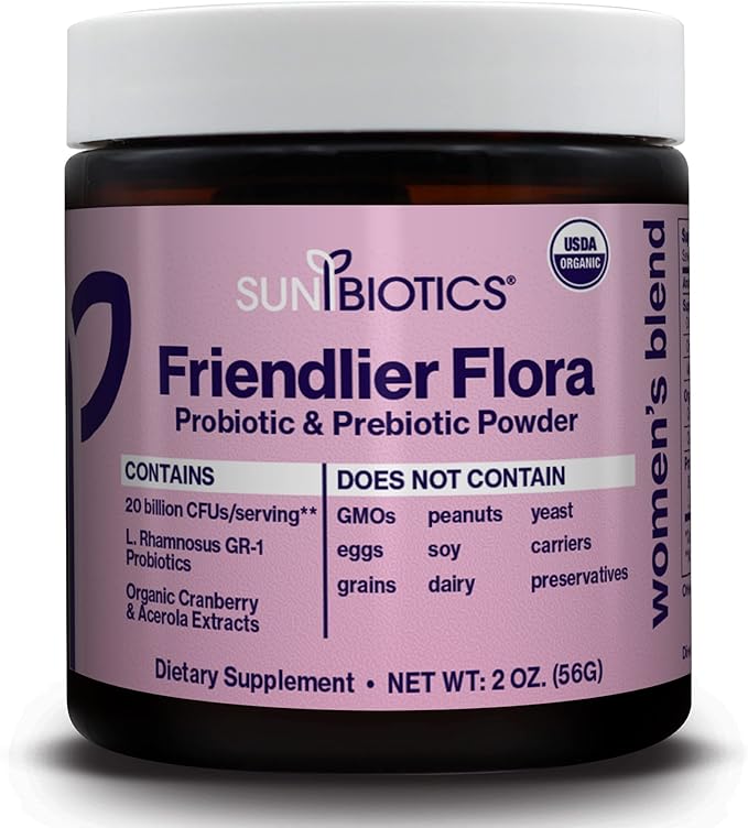 SUNBIOTICS Friendlier Flora - Women's Blend 20 Billion CFUs of 6 Probiotic Strains Women’s Daily Digestive Vaginal &amp Immune Health Non-GMO and Gluten Free 2 Ounce