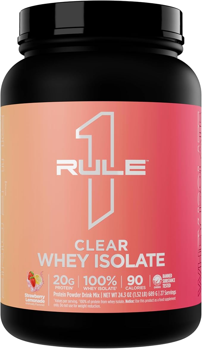 Rule 1 Clear Whey Isolate - 20g All-Whey Isolate Protein Mix Over 9g EAAs 90 Calories Zero Sugar Easy to Digest Light Crisp and Refreshing Taste (27 Servings Strawberry Lemonade)