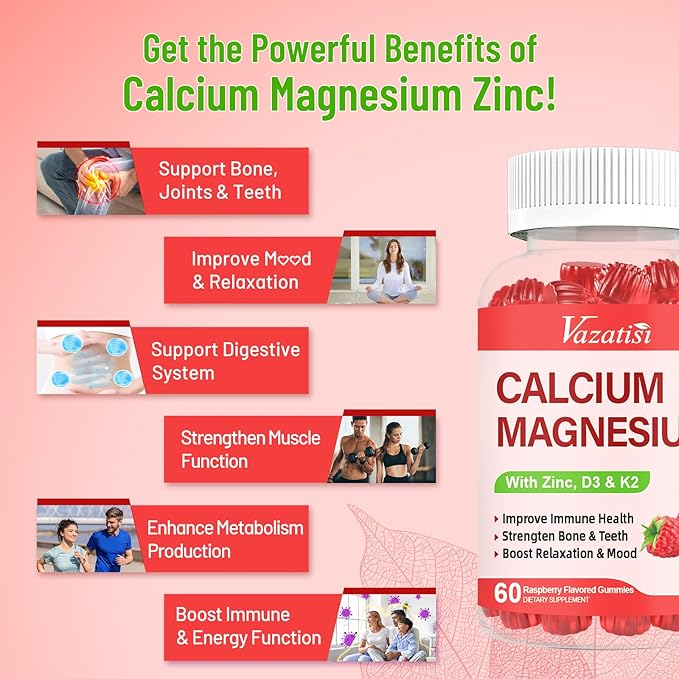 Calcium Magnesium Zinc Gummies with Vitamin D3 &amp K2 High Absorption Magnesium Glycinate Potassium for Immune and Calm Mood Raspberry Flavor 120 Gummies