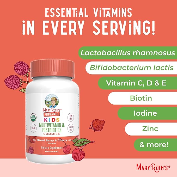 Kids Vitamins by MaryRuth's | USDA Organic | Multivitamin Gummies + Postbiotics for Ages 4+ | Multivitamin for Kids with Lactobacillus Rhamnosus | Children’s Vitamins | Vegan | Non-GMO | 60 Count