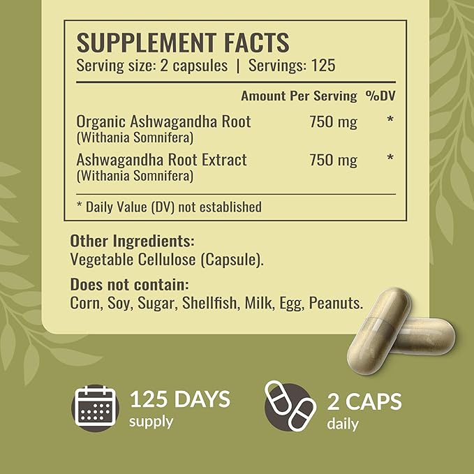 HERBAMAMA Ashwagandha Capsules - 1500mg Pure Ashwagandha Root for Relaxation &amp Mood Support - Vegan Non-GMO Focus &amp Calming Supplement for Adults 250 Caps (Pack of 2)