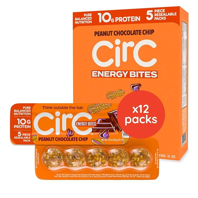 CirC Energy Bites - 12 Pack Peanut Chocolate Chip Gluten Free Protein Balls - 10g Protein Whole Grains Nuts &amp Fruit - Portable Healthy Snacks for Adults &amp Kids 5 Piece Resealable Packs