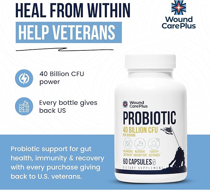 Wound Care Plus Probiotic 40 Billion CFU - 10-Strain Blend with Lactobacillus &amp Bifidobacterium - Supports Digestive &amp Immune Health - 60 Capsules - Non-GMO Gluten-Free