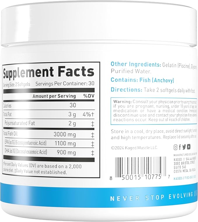 Kaged Omega 3 Softgels | Unflavored | Fish Oil Supplement | 3000mg Omega 3 Fatty Acid with EPA &amp DHA | Ultra-Pure No Fish Burps | Supplements for Men &amp Women | 30 Servings
