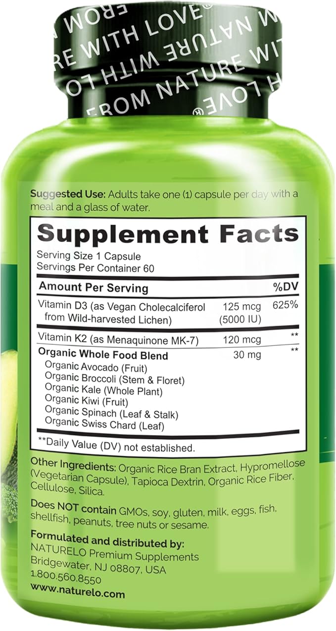 NATURELO Vitamin D3 K2 - Vegan K2+D3 with Plant Based D3 from Lichen - Natural D3 Supplement for Immune System Bone Support Heart Health - Whole Food - Non-GMO - Gluten Free 60 Capsules (Pack of 2)