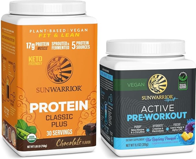 Sunwarrior Active Preworkout Hydration Blend &amp Chocolate Classic Plus Organic Protein Powder Set | Bundle &amp Save | Non-GMO Soy Dairy Filler &amp Gluten Free (30 Servings Each)