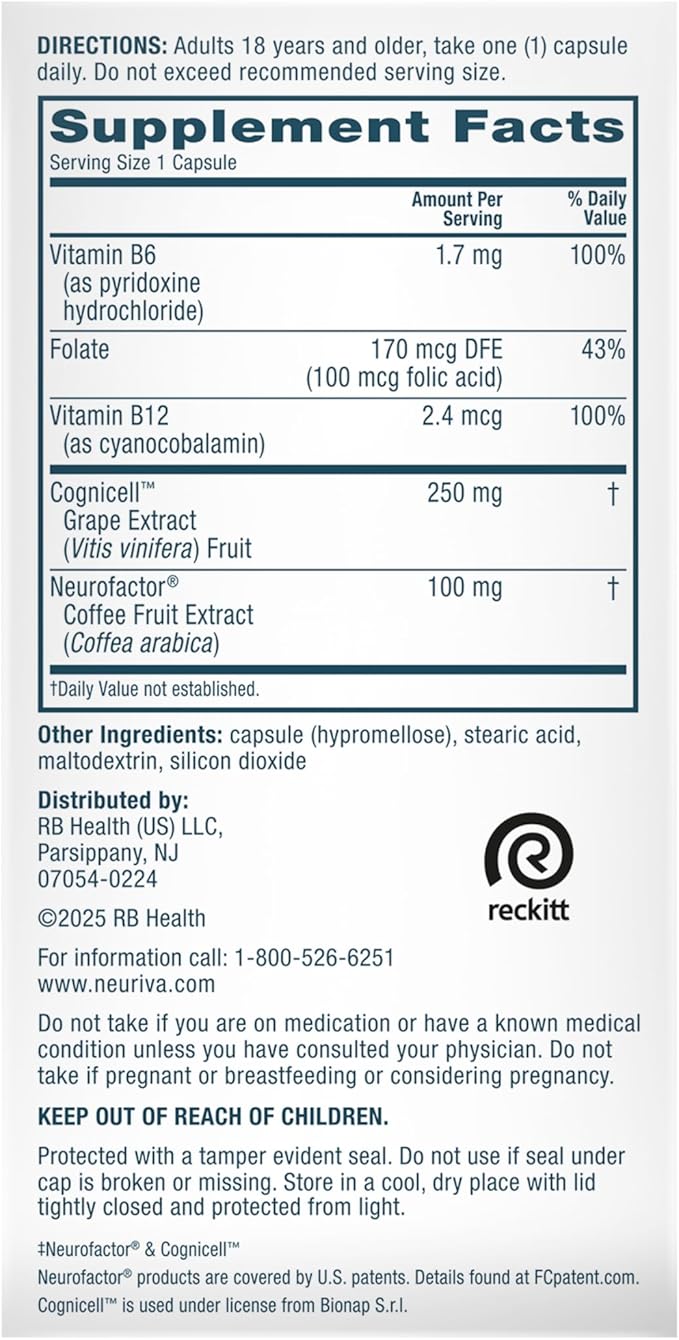 NEURIVA Memory 3D Brain Supplement - Decaffeinated Nootropic Capsules for Memory Focus &amp Cognitive Function - Short Term Long Term &amp Working Memory Support - 50ct