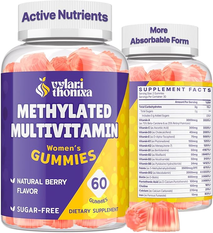 Methylated Multivitamin Gummies for Women – MTHFR Supplement Contains Methylfolate Methylated B12 TMG &amp Vitamins A C E K – Energy Immune &amp Skin Support– Womens Gummy Multivitamins